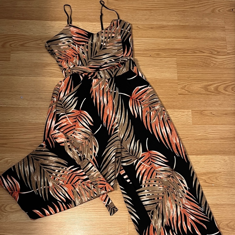 Tropical Leaf Print Eclipse Jumpsuit - Black and Orange (M)